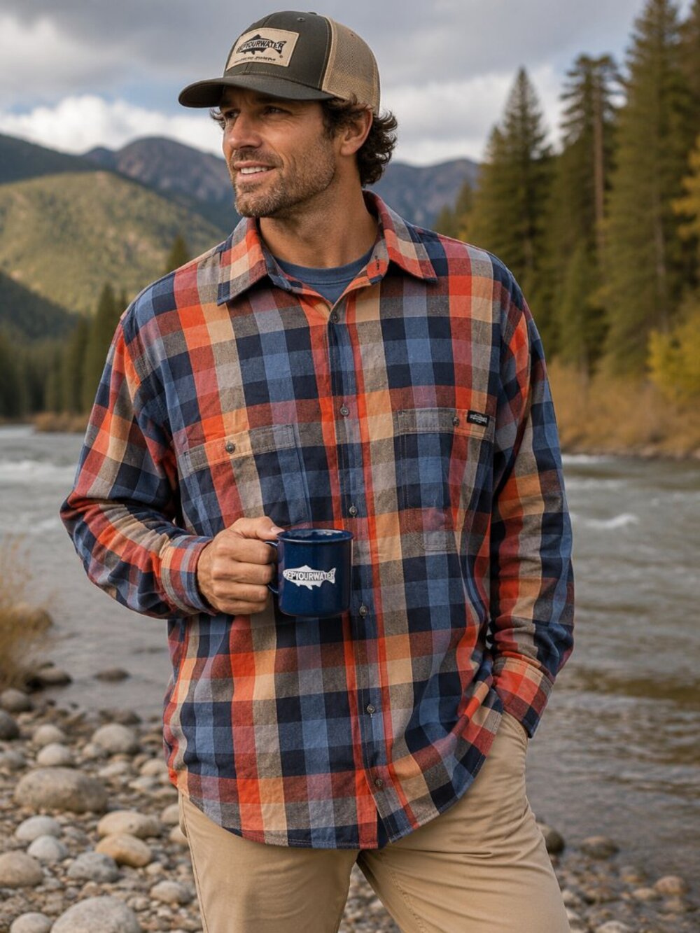 RepYourWater Plaid Flannel Shirt XXL Red Blue Tan 100% Cotton Button Up